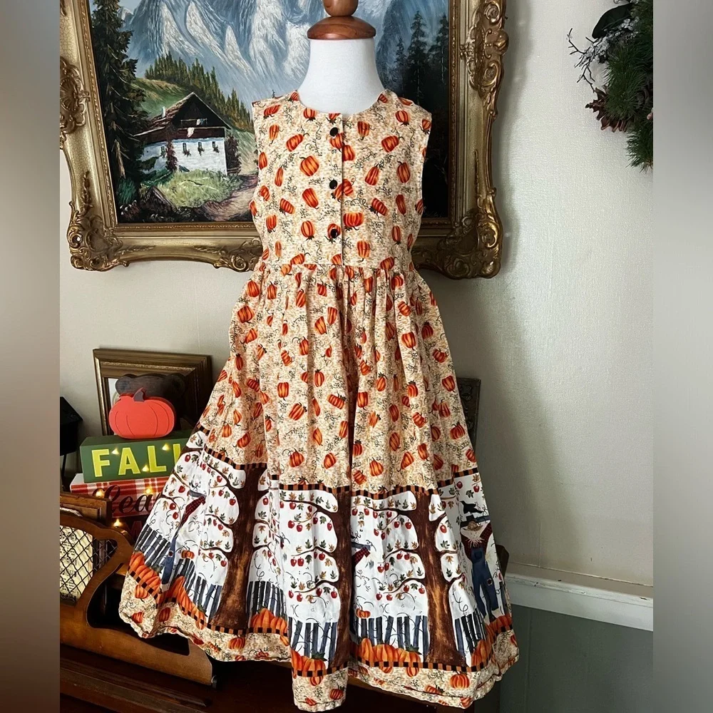 🎃 Girls Handmade Halloween Scarecrow Pumpkin Patch Sleeveless Dress